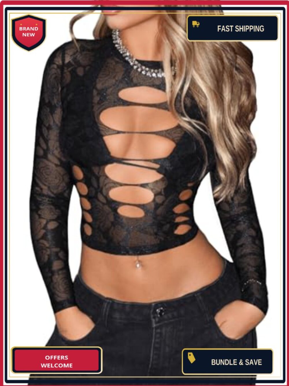 SHENHE Mesh Long Sleeve Crop Top Sheer Cutout Slim Fit Party Top